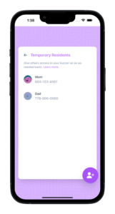 An in app screenshot displaying how temporary residents can be added for short term buzzer access.