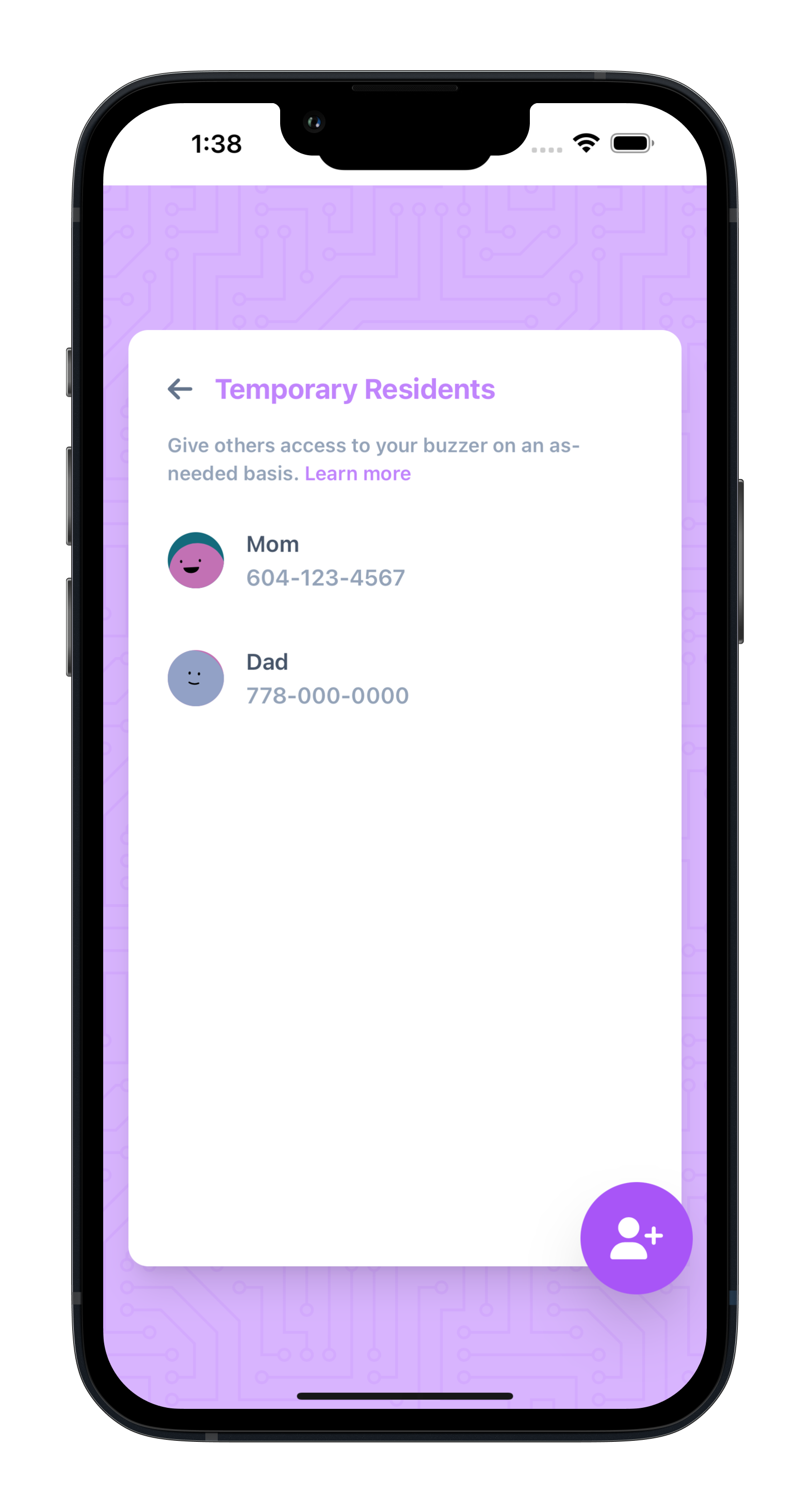 In app screenshot showing the temporary residents screen