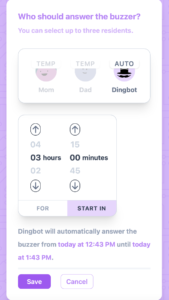 An in app screenshot displaying how Dingbot can answer the buzzer starting at a set time in the future