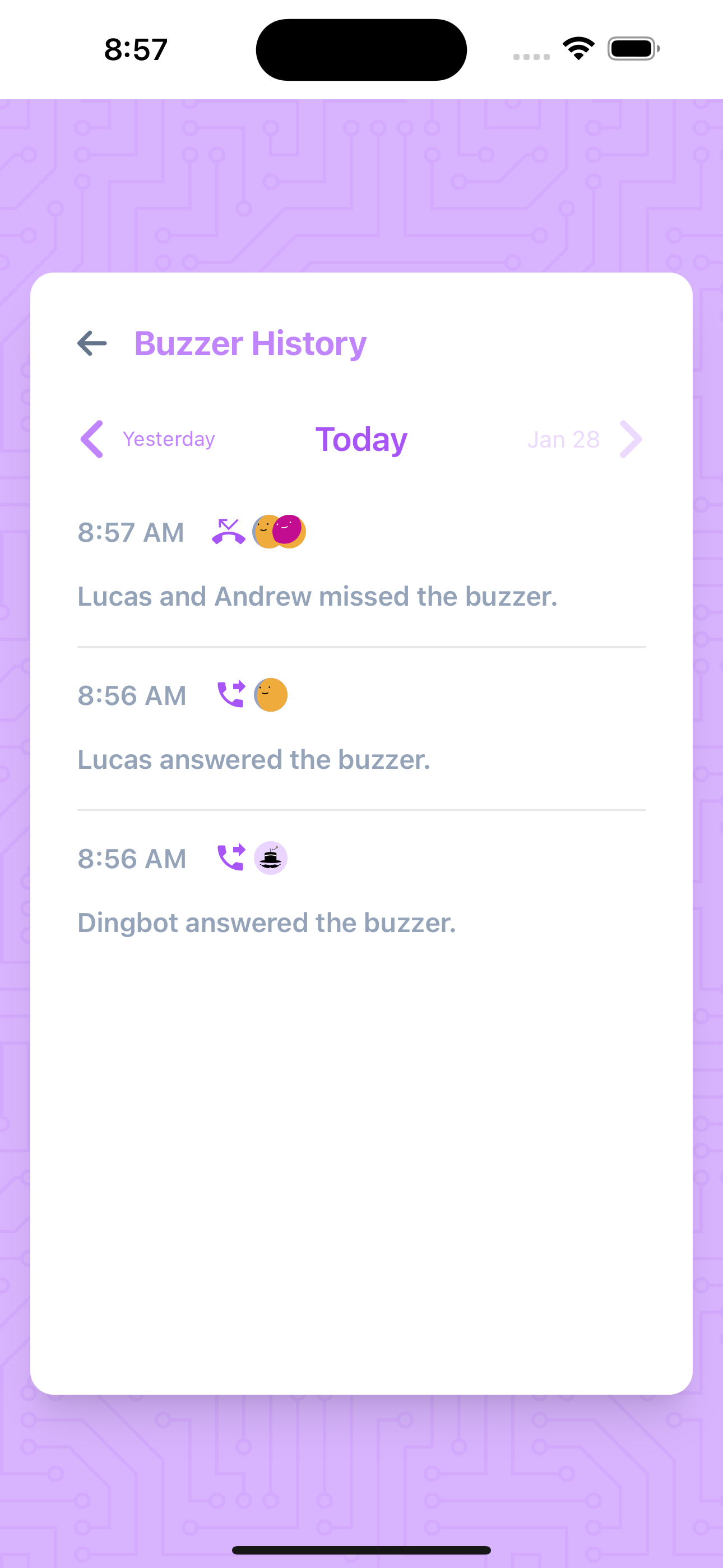 Screenshot showing the a view of the in app apartment buzzer history