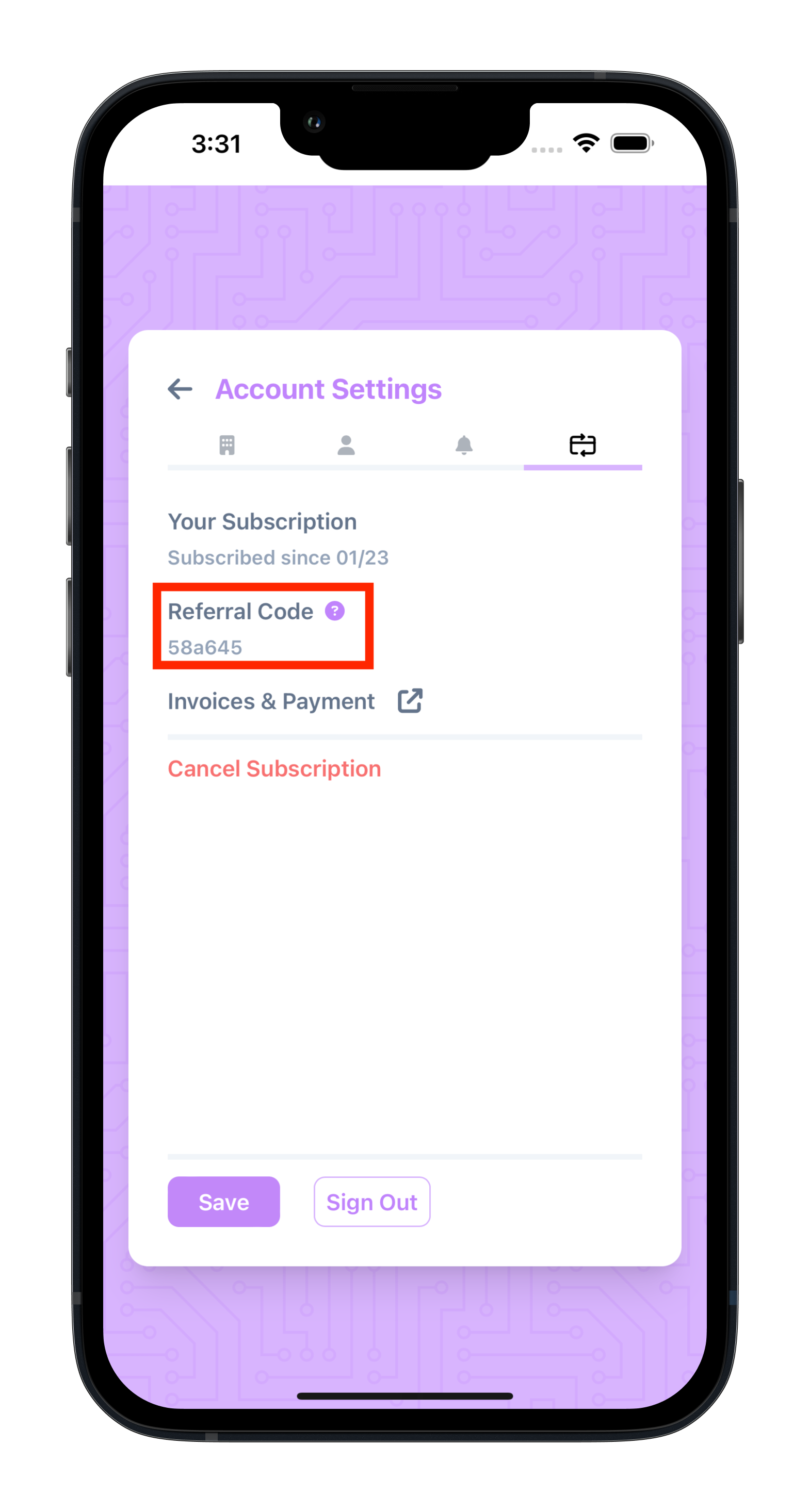 A screenshot showing where to find your referral code in the Dingbot app