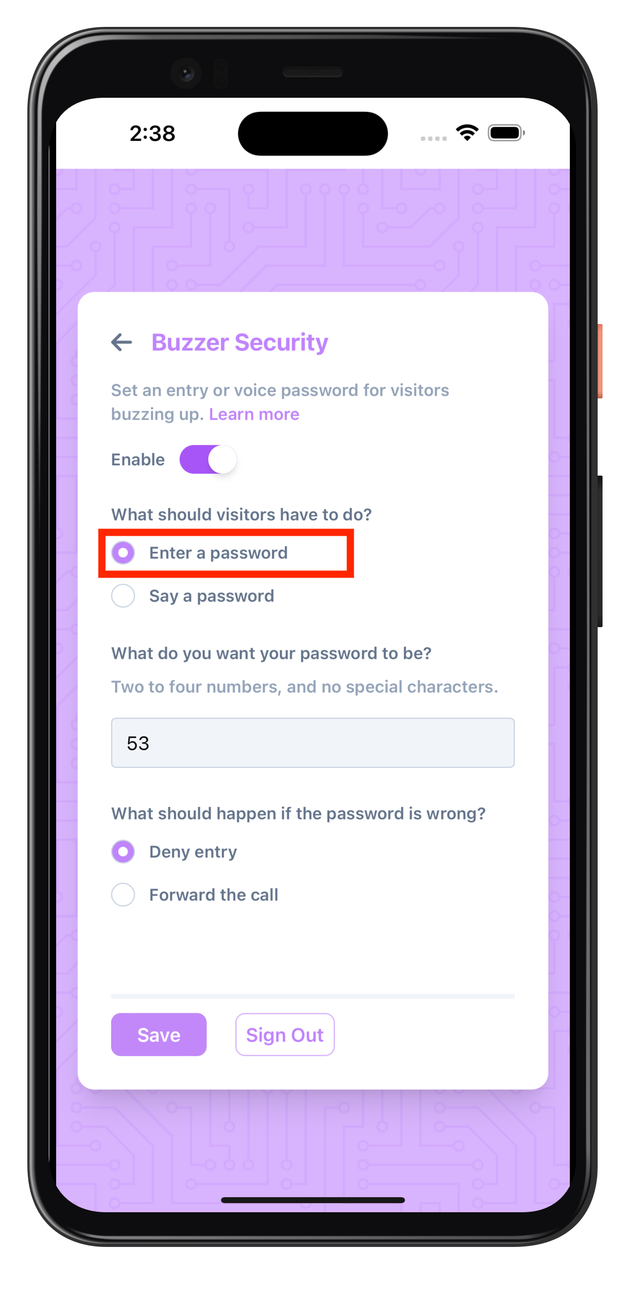 Screenshot showing how an entry password can be set.