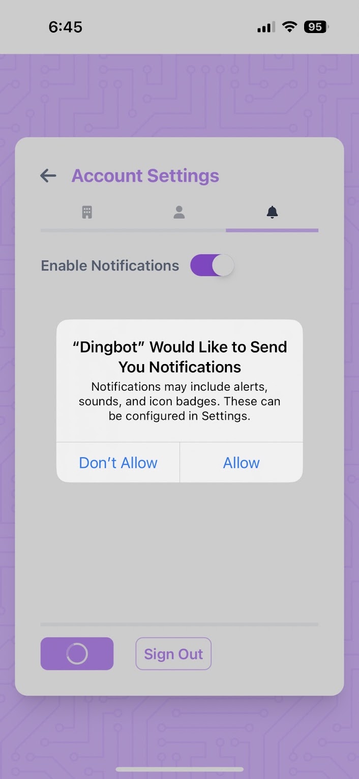 A screenshot showing the iOS push notification prompt