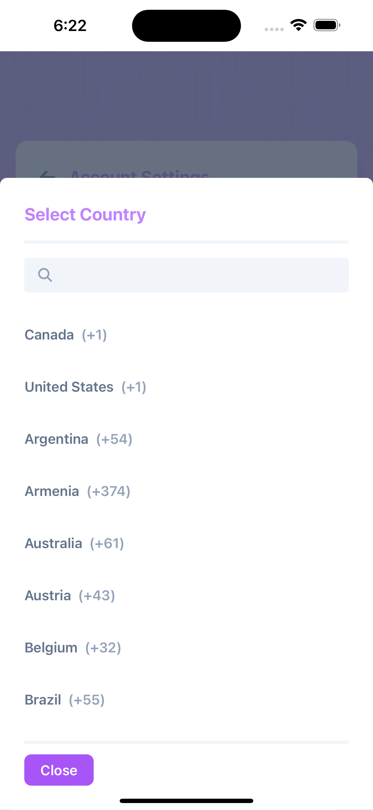 A screenshot showing the country code selector for international phone numbers