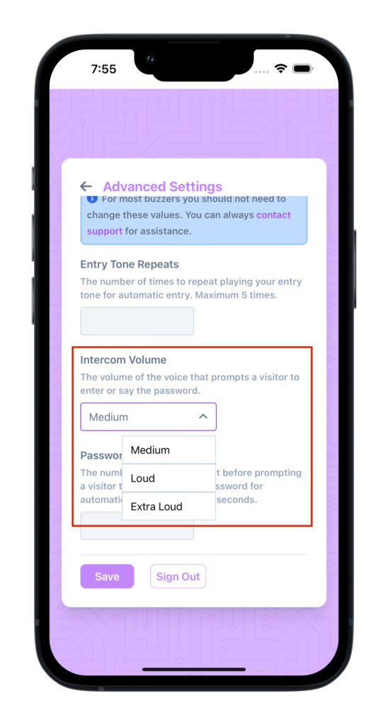 An in-app screenshot showing the intercom volume control.