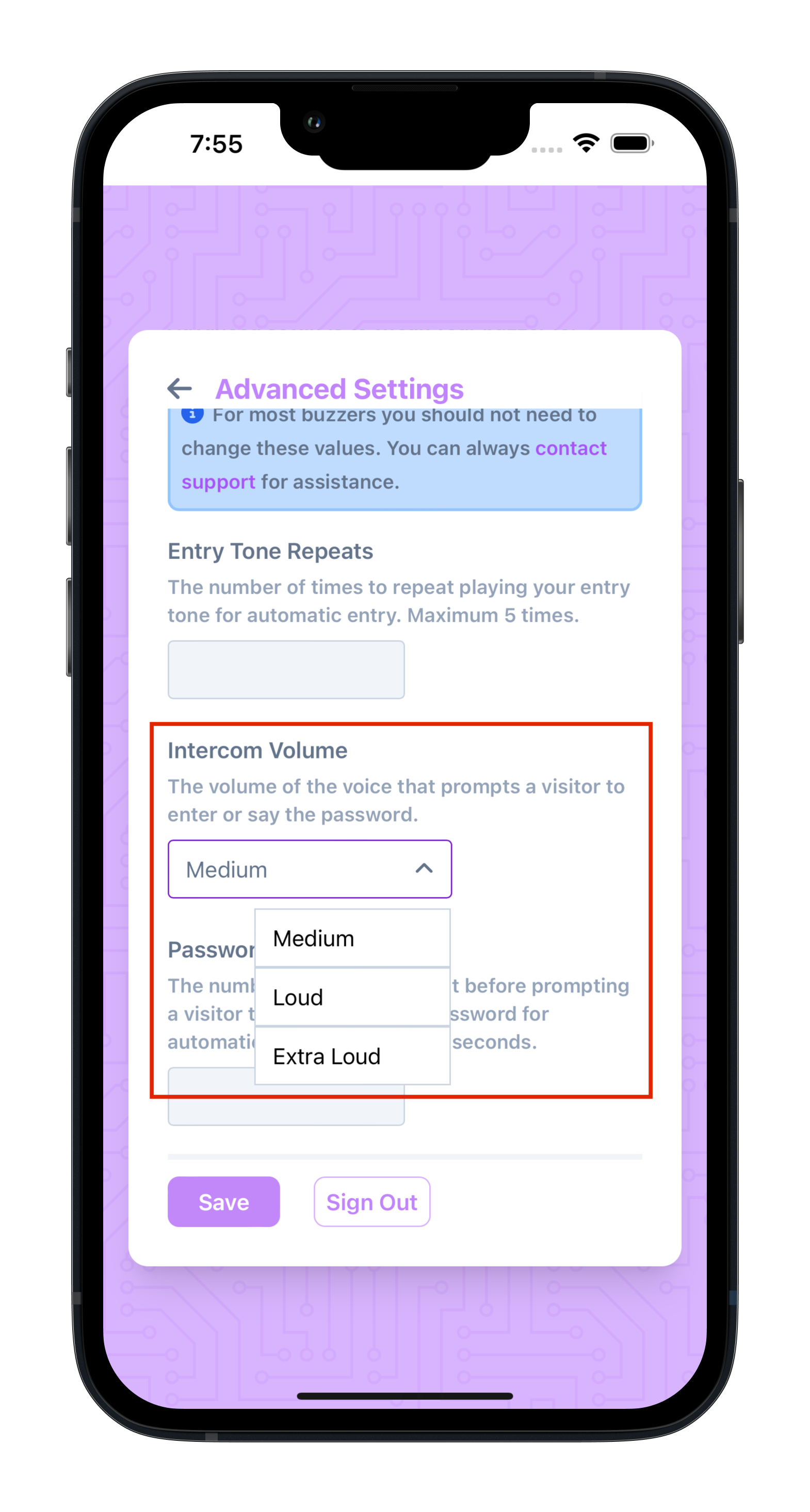 An in-app screenshot showing the intercom volume control.